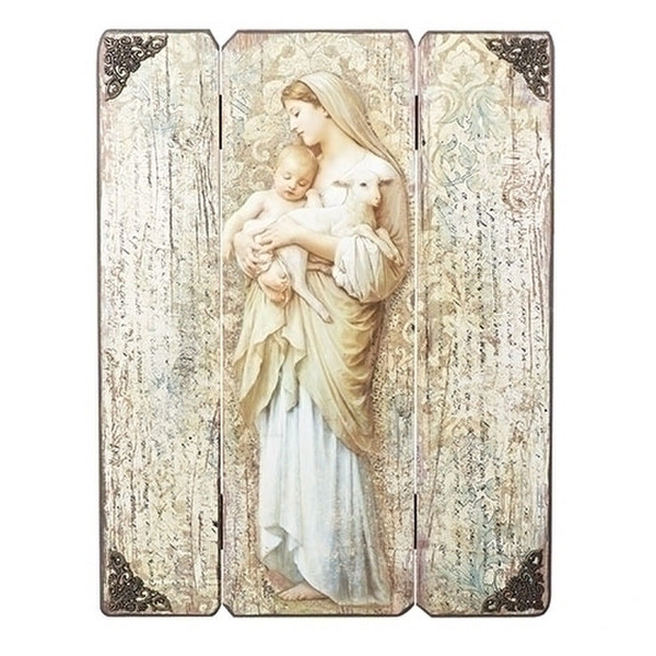 Madonna Cradling Child and Lamb Wall Plaque Mary's maternal care and Jesus'